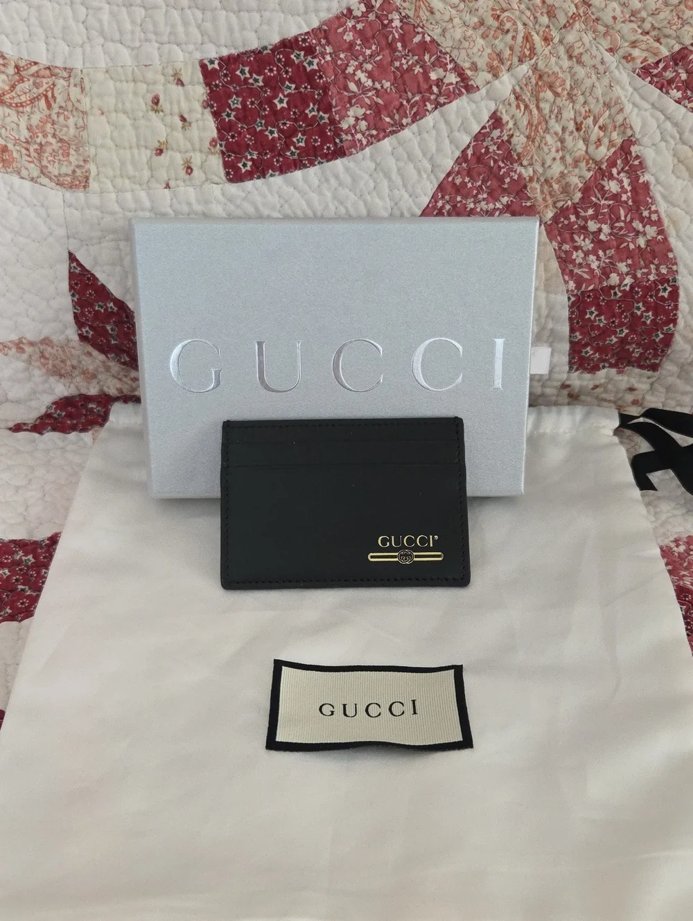 Gucci Black Leather Card Holder with Gold Logo Accent, box and dusty